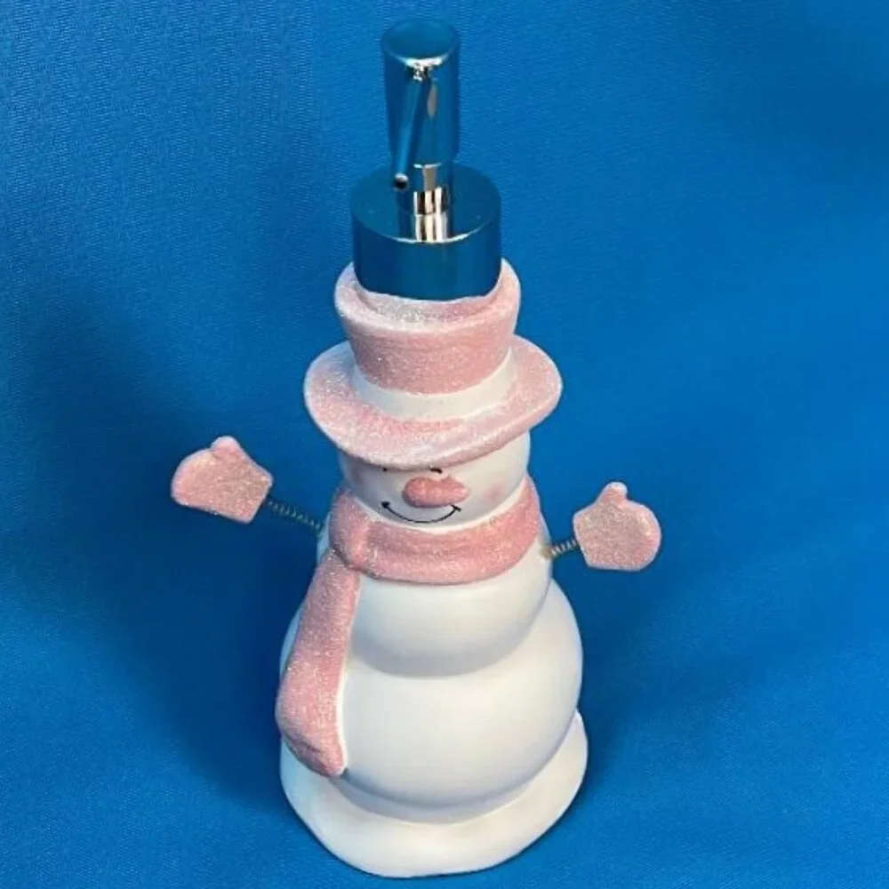 NEW ADORABLE SNOWMAN SOAP / LOTION PUMP DISPENSER WHITE & PINK GLITTER SPARKLE
